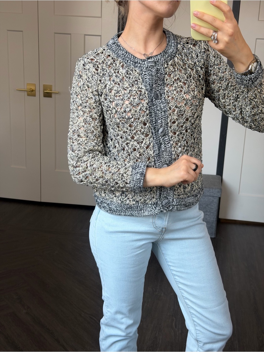 Zara Textured Open-Weave Crewneck Cardigan Sweater in Gray